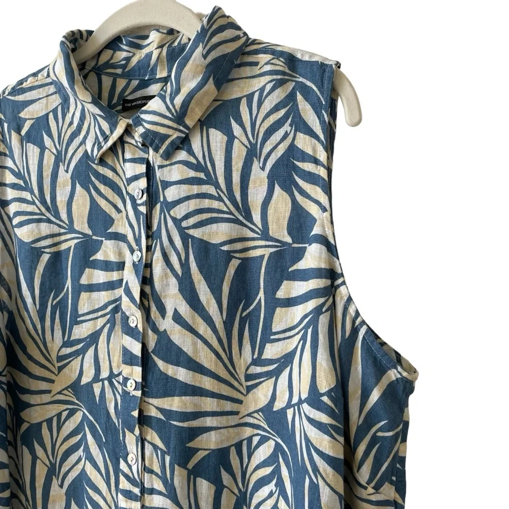 Tahari 100% Linen Blue Palm Print Tunic Top Size 1X Coastal Tropical Lagenlook